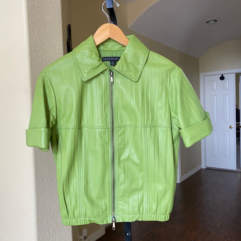 Lafayette 148 New York Lime Green Leather Jacket Size 2